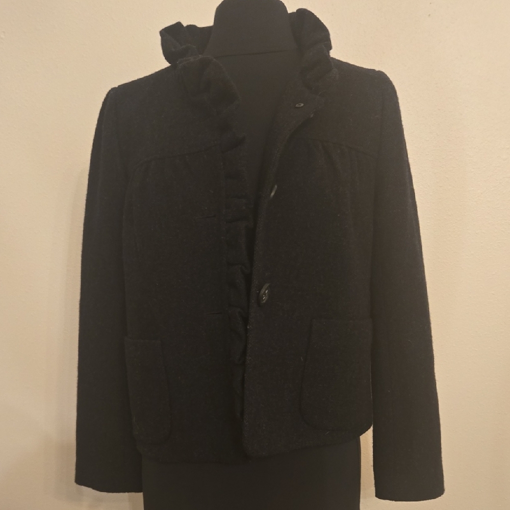 J.CREW Black 100% Wool W/Lining Ruffled  Swing Jacket